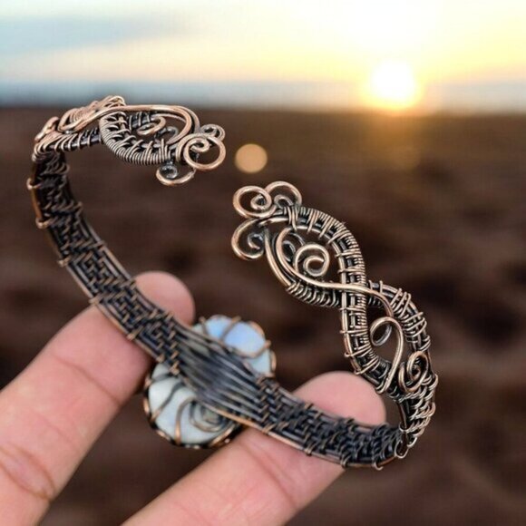 Rainbow Moonstone ✦ Copper Cuff Bracelet ✦ Adjustable Oval Stone Healing NWT - Picture 2 of 15